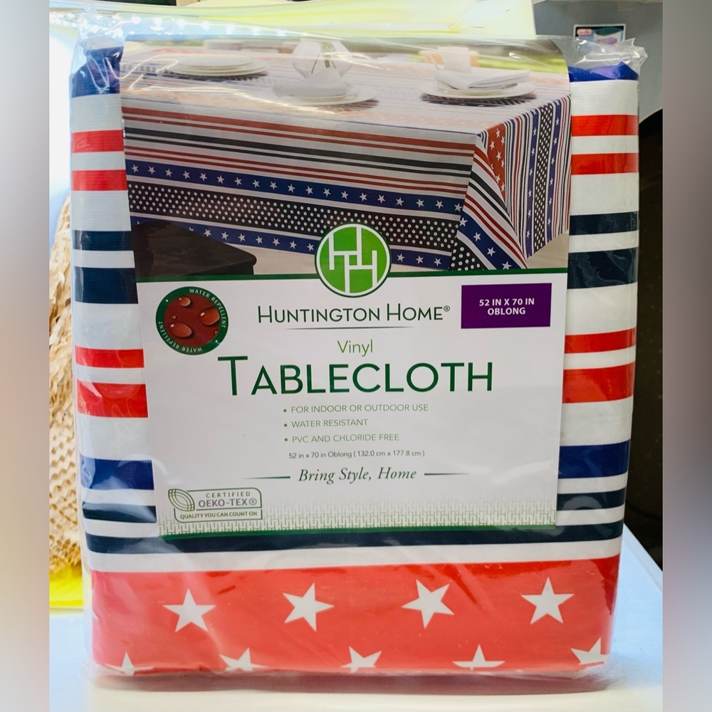 Huntington Home 52x70 Oblong Vinyl Tablecloth Stars & Stripes July 4th Memorial